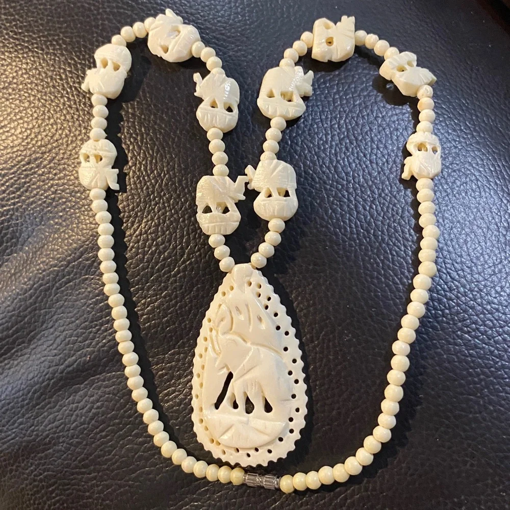 Vintage Carved Bone Pendant Off White Beaded Necklace Elephant Design Good Luck
